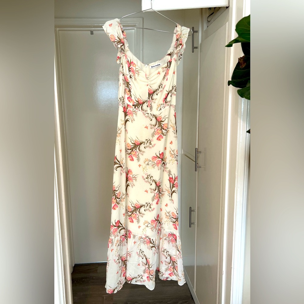 Reformation off-white Floral Maxi Dress Off-the-shoulder sleeves Chic Summer